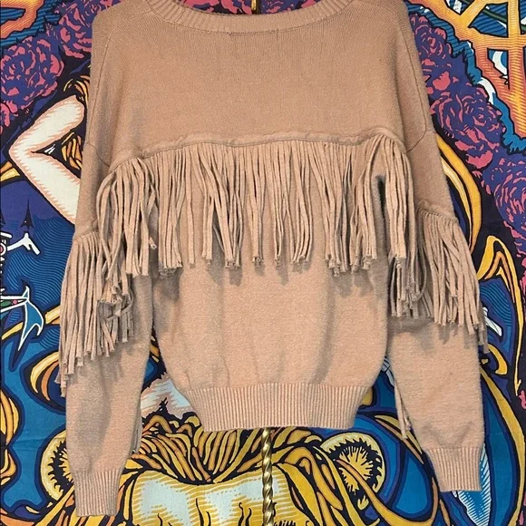 Chelsea & Theodore Tan Fringe Sleeve Sweater - Picture 2 of 4